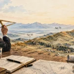 An older man with drafting tools overlooks a landscape labeled with ages 60, 70, and 80 along mountain ridges.