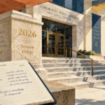 Illustration of a public library exterior with stone steps, a 2026 inscription on a pillar, and an open notebook with a pen.