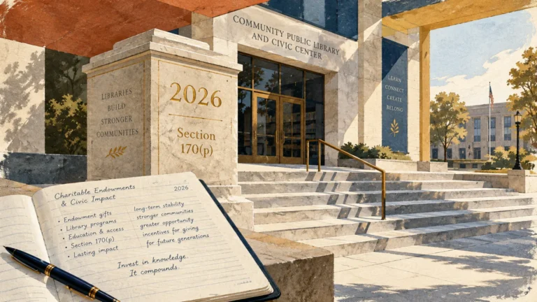 Illustration of a public library exterior with stone steps, a 2026 inscription on a pillar, and an open notebook with a pen.