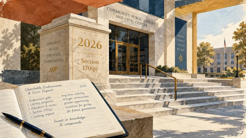 Illustration of a public library exterior with stone steps, a 2026 inscription on a pillar, and an open notebook with a pen.