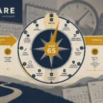 Infographic titled The Path to Medicare showing a central dial labeled Age 65 flanked by preparation steps and dates.
