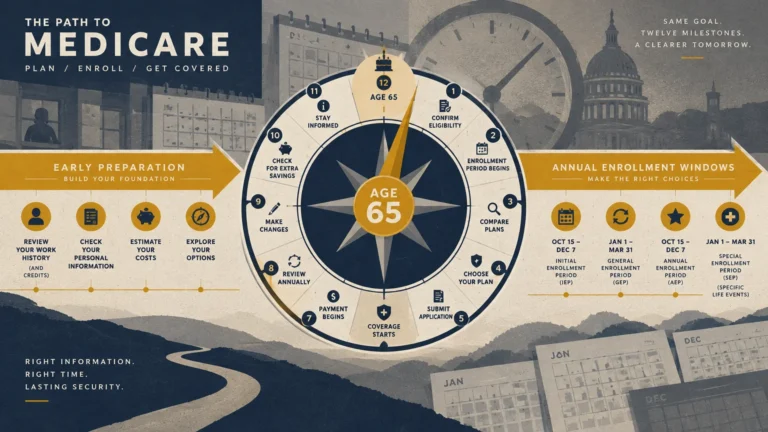 Infographic titled The Path to Medicare showing a central dial labeled Age 65 flanked by preparation steps and dates.