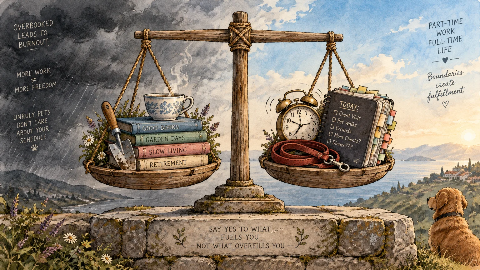 Illustration of a wooden scale balancing relaxing retirement books and tea against an overflowing planner, leash, and clock.