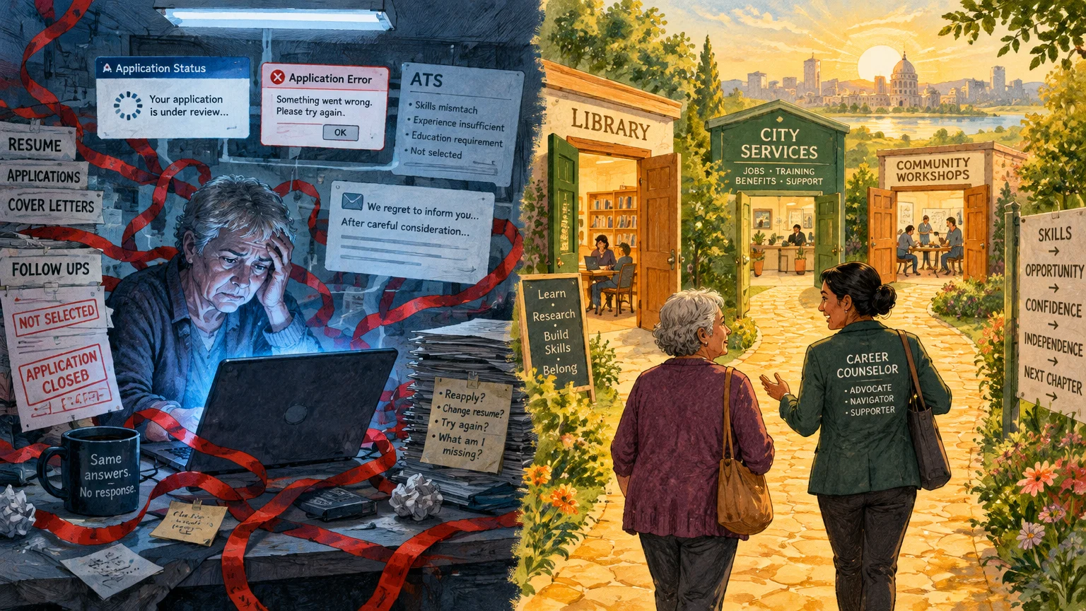Split view of an applicant stressed by computer rejection notices beside an older woman walking with a career counselor.