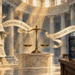 Illustration of scales of justice balancing campaign pledges on a podium against statutory law books in a rotunda.