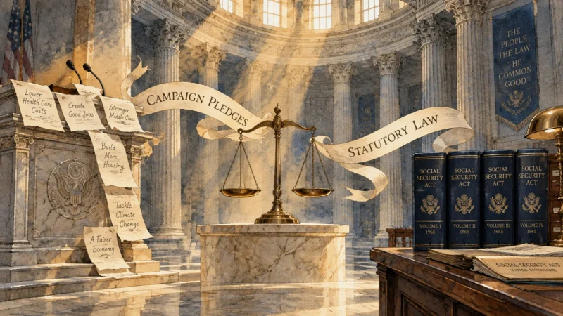 Illustration of scales of justice balancing campaign pledges on a podium against statutory law books in a rotunda.