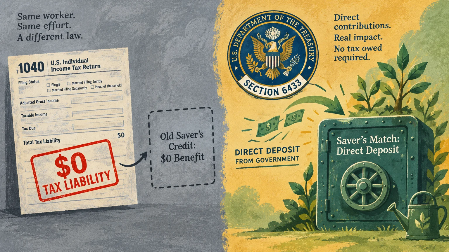 Illustration contrasting a tax form showing zero benefit with a Treasury seal directing money into a green garden safe.