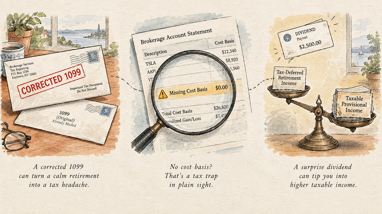 Three-part illustration showing corrected 1099 envelopes, a magnifying glass over missing cost basis, and a balance scale.