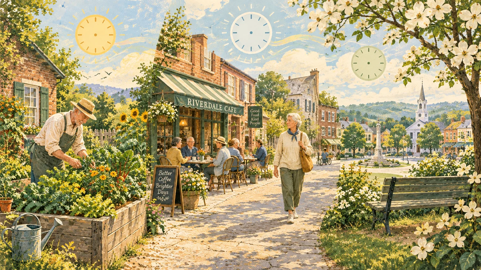 Illustration of people gardening, strolling, and dining outside a cafe along a sunny, tree-lined small-town street.