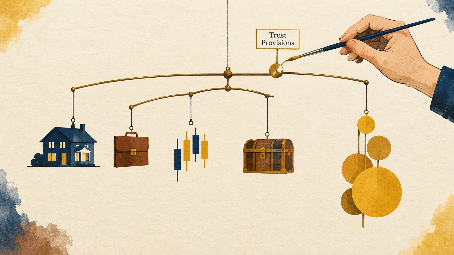 Illustration of a hanging mobile balancing a house, briefcase, chart, chest, and gold discs adjusted with a paintbrush.
