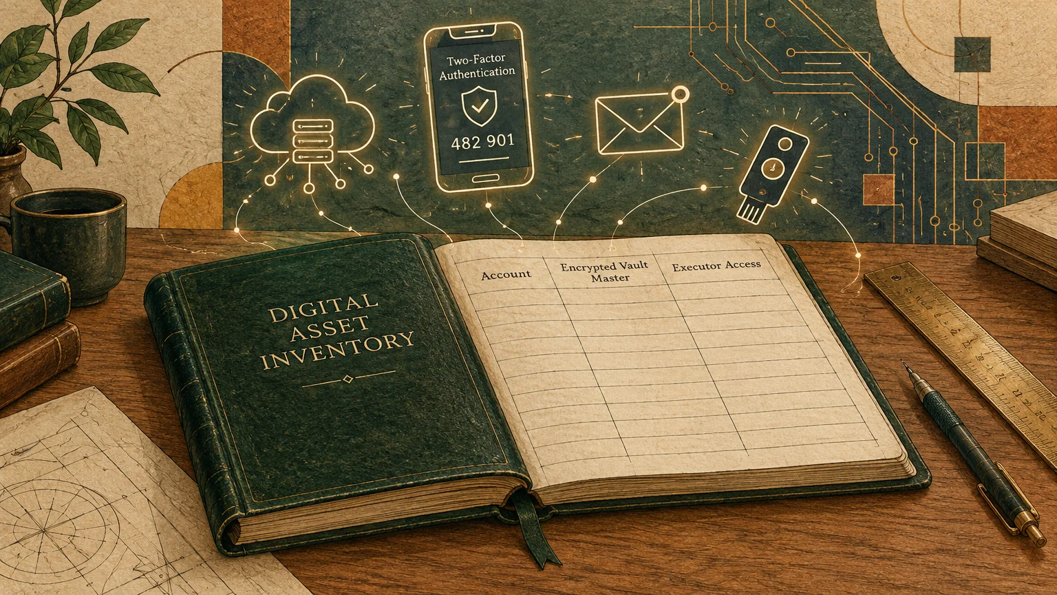 An open ledger titled Digital Asset Inventory with glowing icons for cloud data, two-factor authentication, email, and a key.