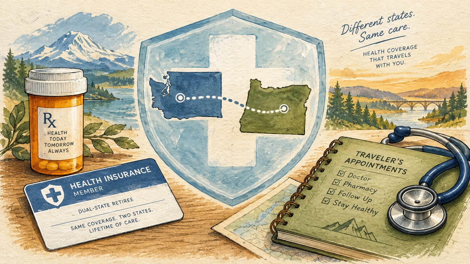 Pill bottle, health insurance card, stethoscope, and notebook framing a shield showing Washington and Oregon state maps.