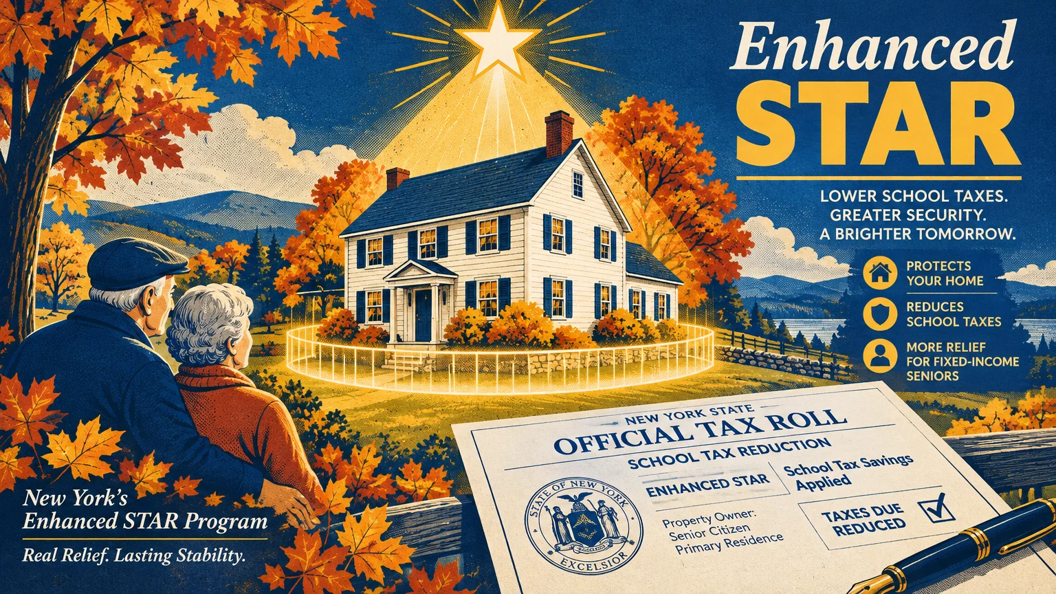 Illustration of an older couple looking at a home beneath a shining star alongside an official New York tax form.
