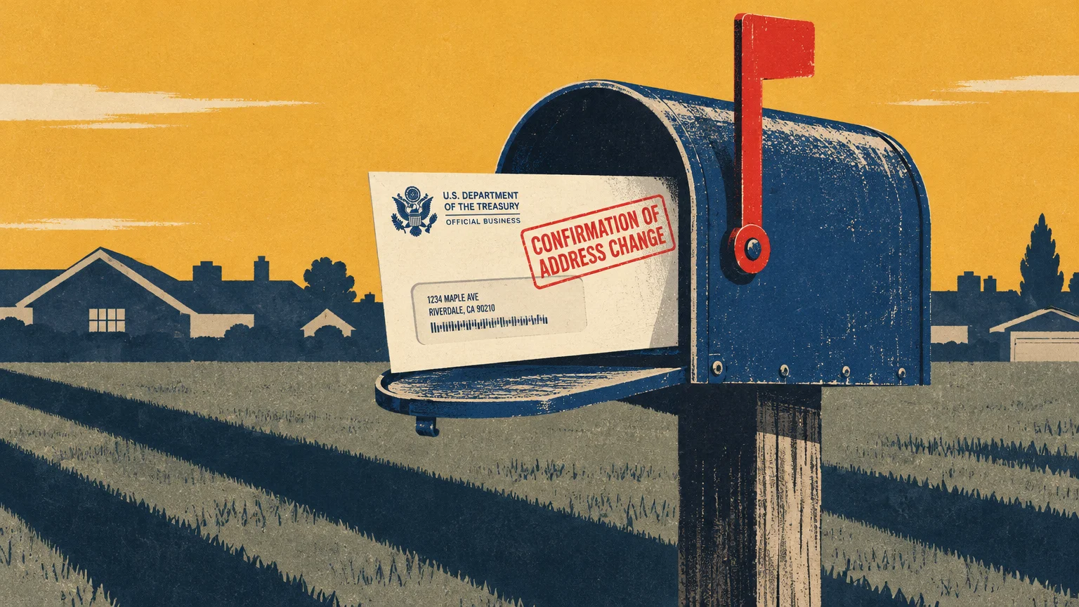 Illustration of an open blue roadside mailbox holding an official envelope stamped Confirmation of Address Change.
