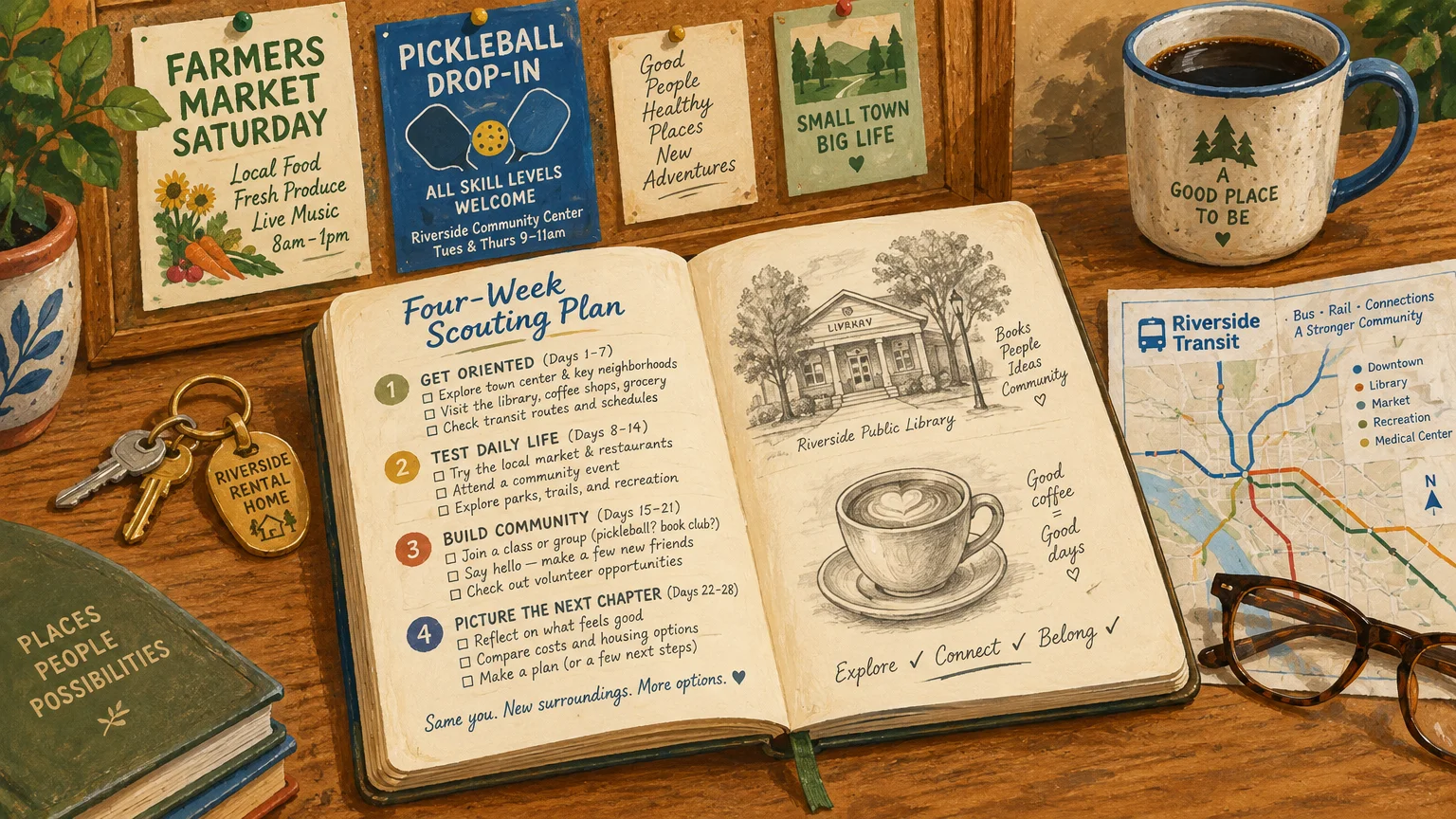 Illustration of an open planner outlining a four-week scouting plan, surrounded by keys, coffee, a transit map, and flyers.