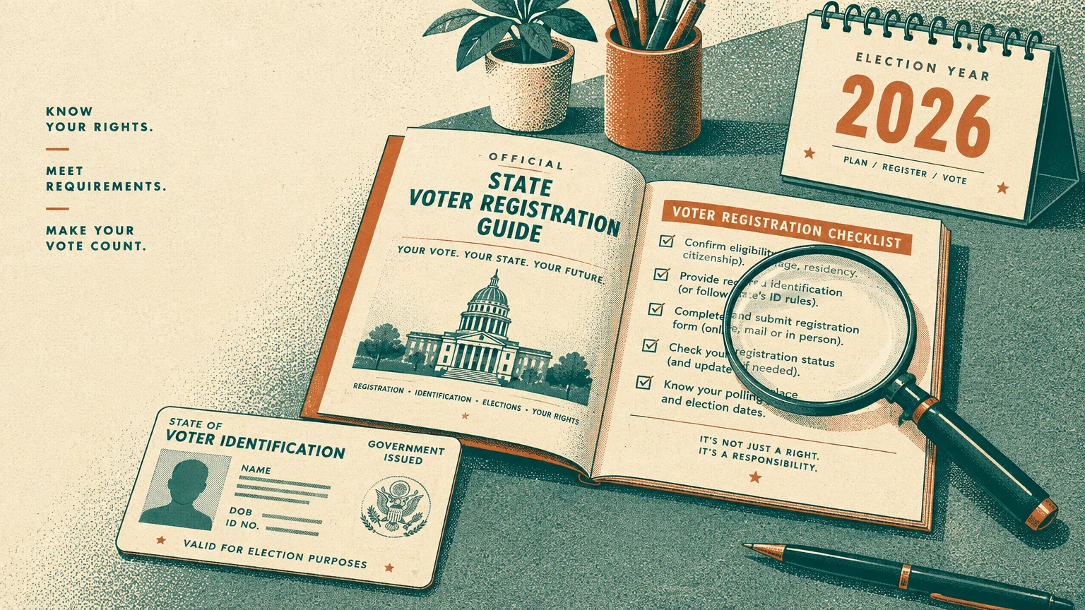 Illustration of a voter registration guide, magnifying glass, voter ID card, pen, and 2026 election calendar on a desk.