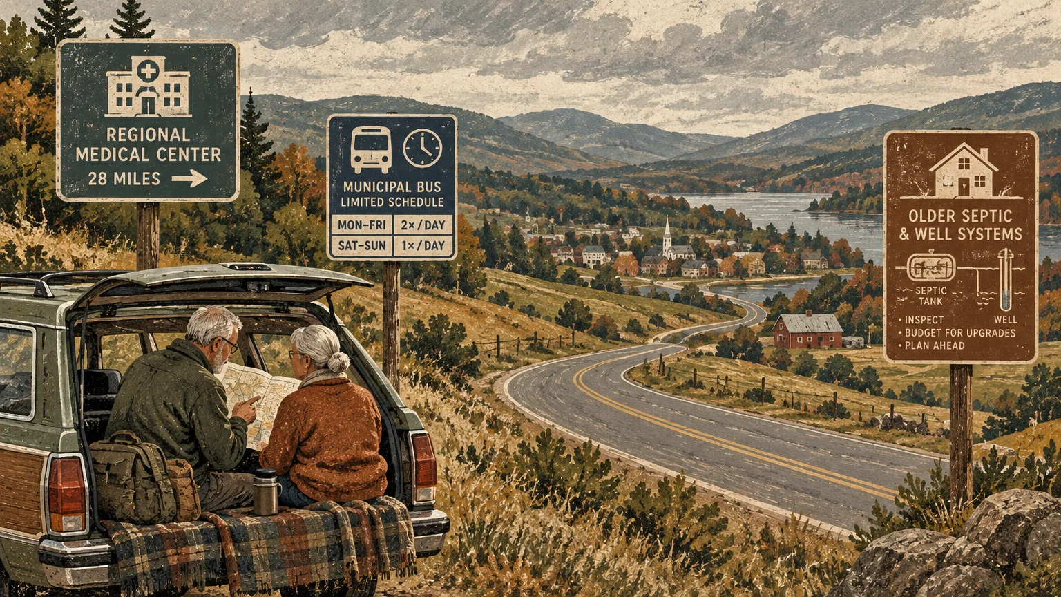 Older couple seated in an open car tailgate reading a map beside roadside warning signs overlooking a rural valley town.