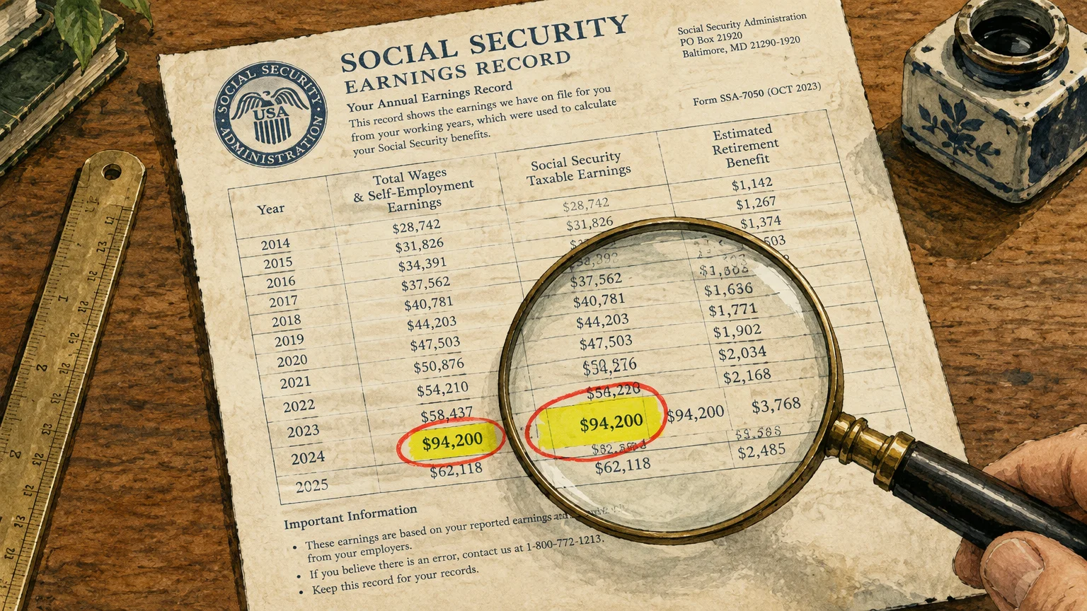 Magnifying glass over a Social Security Earnings Record document highlighting an inflated wage entry for 2024.