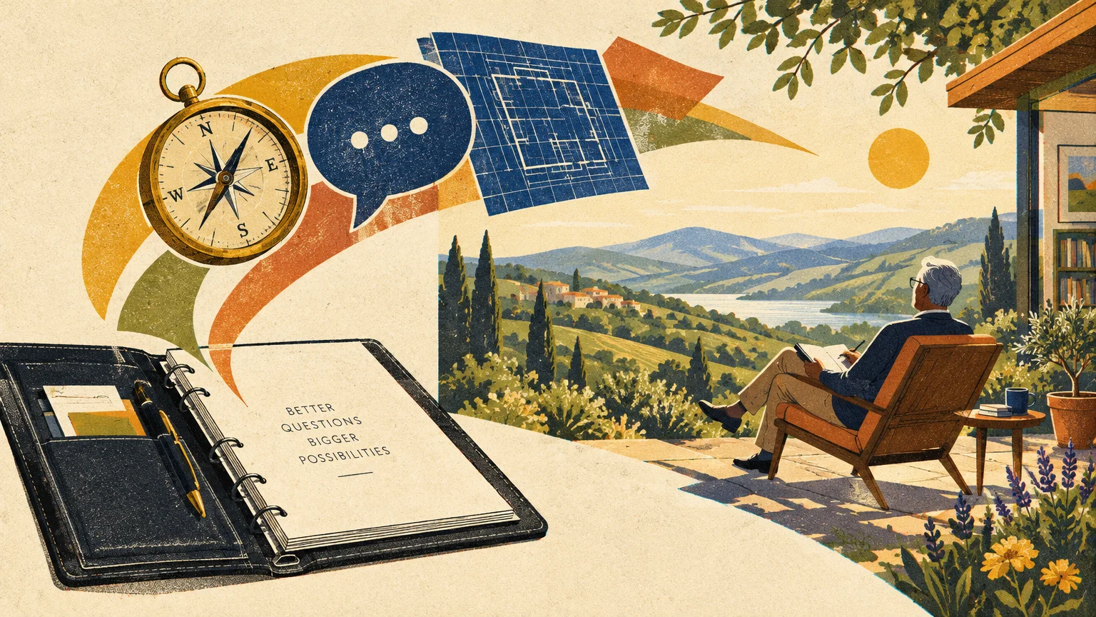 Illustration of an older man sitting on a scenic terrace beside an open planner, floating compass, and architectural blueprint.