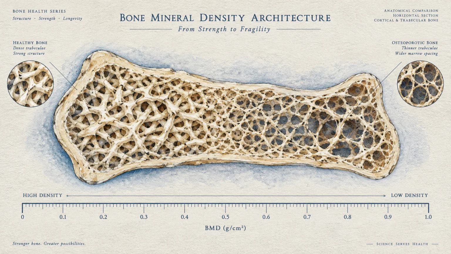 Medical illustration showing bone mineral density architecture transitioning from dense healthy bone to porous osteoporotic bone.