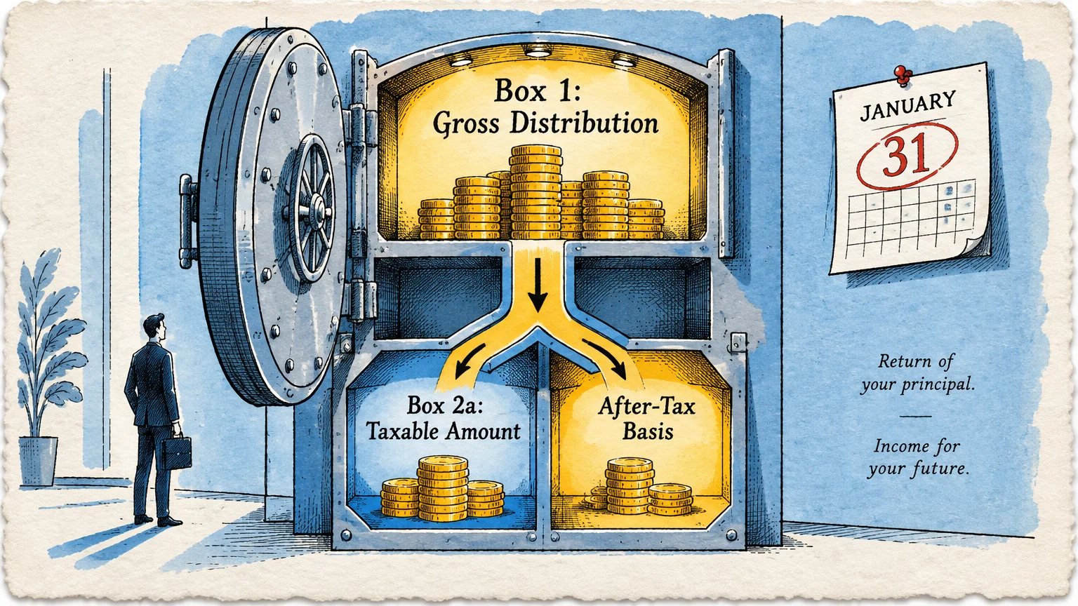 Illustration of an open bank vault splitting coins from Box 1 into Box 2a and After-Tax Basis compartments.