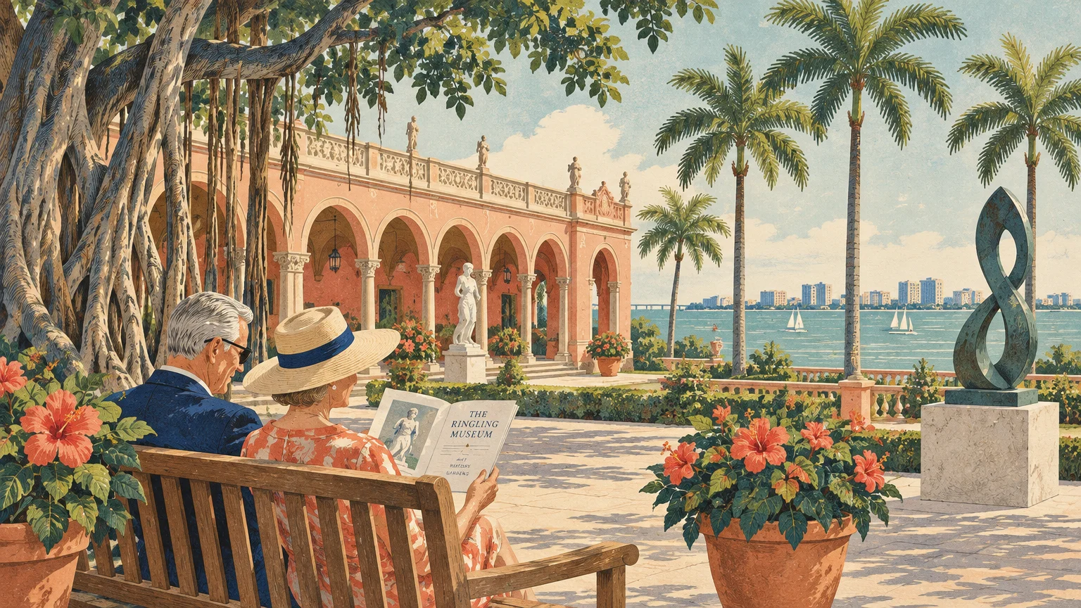 Illustration of an older couple on a bench reading a museum brochure overlooking a coastal estate courtyard and bay.
