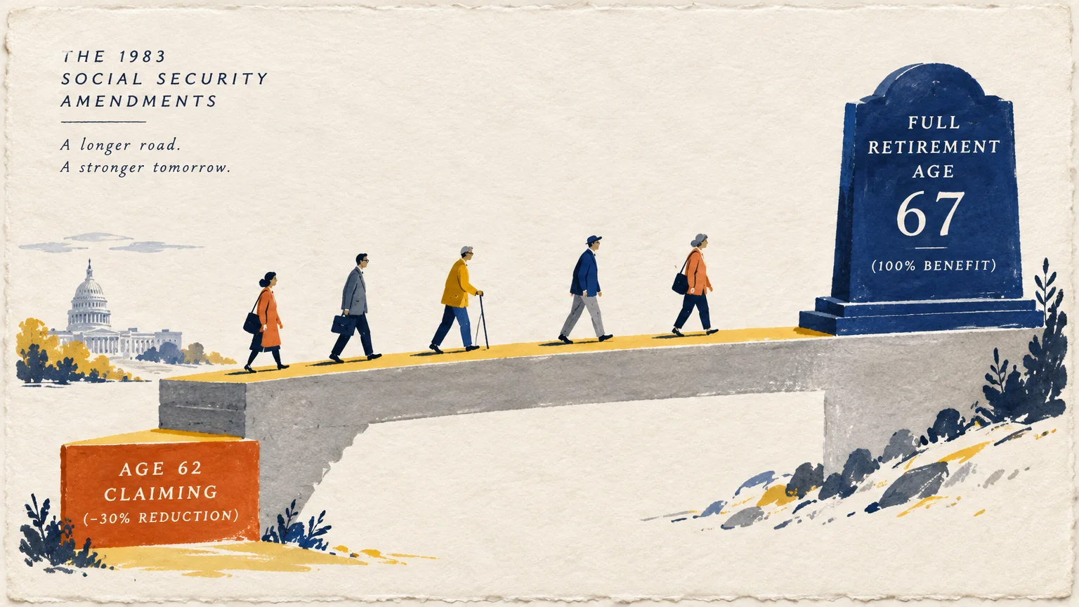 Illustration of people walking across an elevated path toward a monument marked Full Retirement Age 67.