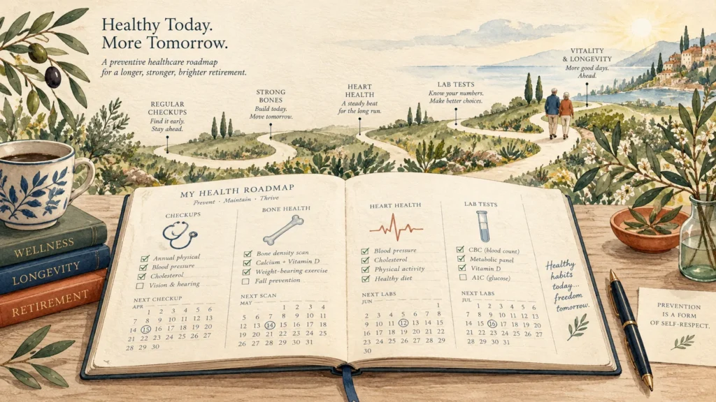 Illustration of an open health roadmap planner on a desk overlooking a winding coastal path with a walking couple.