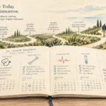 Illustration of an open health roadmap planner on a desk overlooking a winding coastal path with a walking couple.