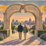 Illustration of an older couple walking through stone arches toward a view of a city and the US Capitol at sunset.