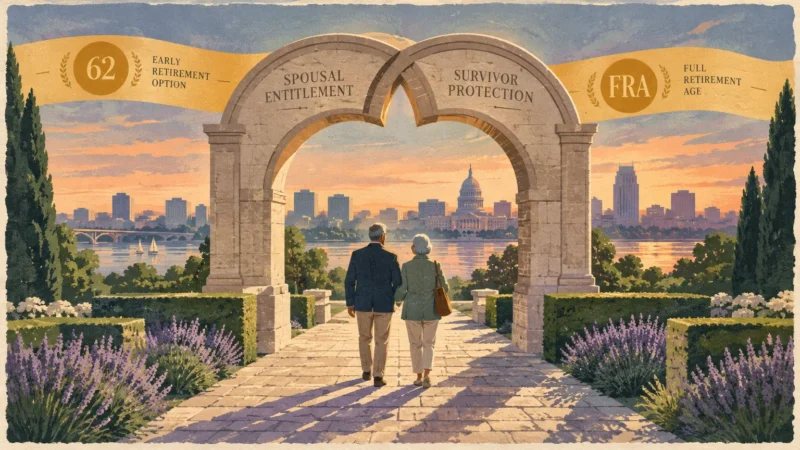 Illustration of an older couple walking through stone arches toward a view of a city and the US Capitol at sunset.