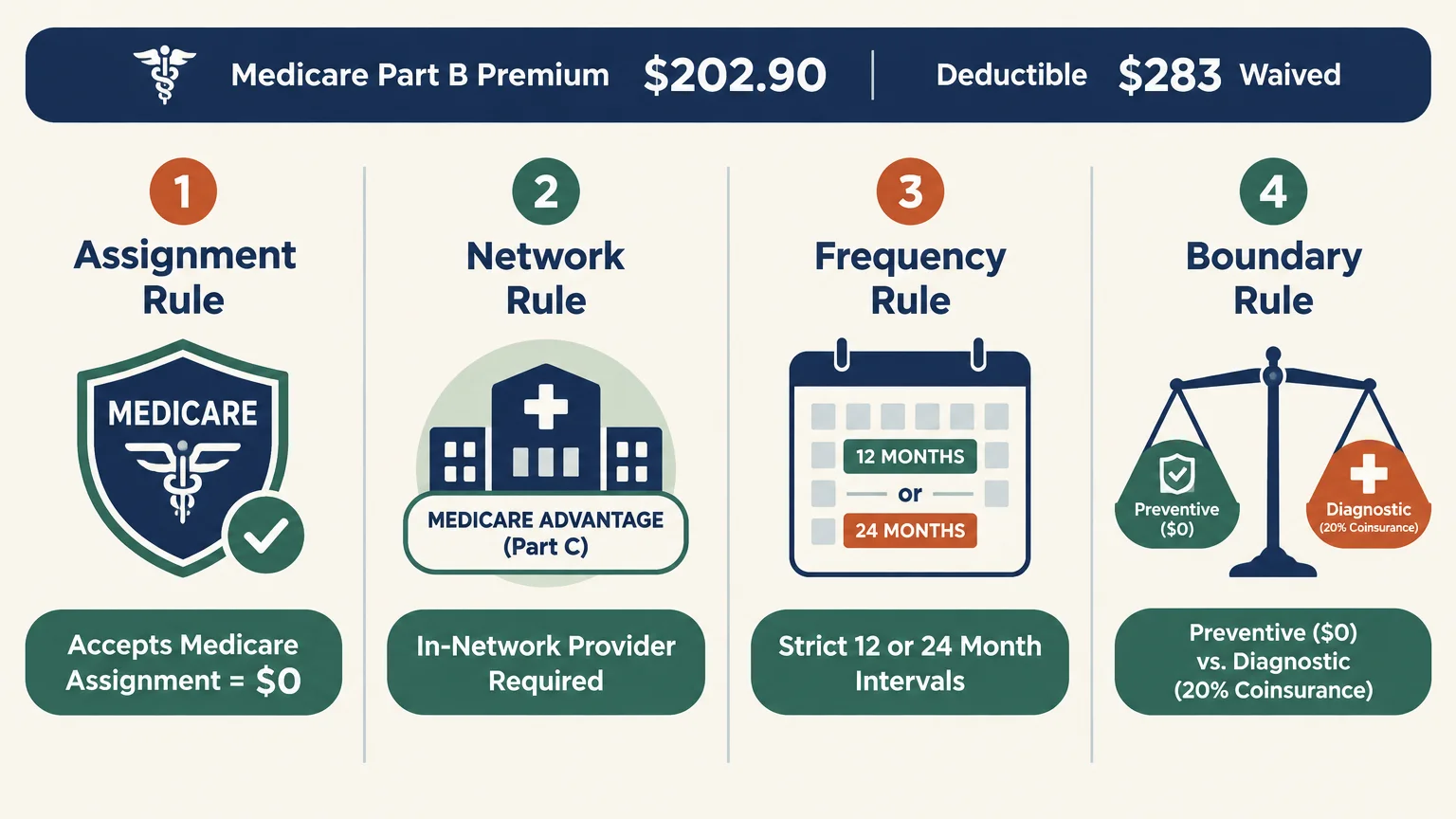 Four-panel diagram illustrating Medicare rules: Assignment Rule, Network Rule, Frequency Rule, and Boundary Rule.