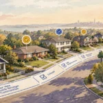 Illustration of suburban houses along a street marked as a ballot with checkboxes, under a sunset sky.