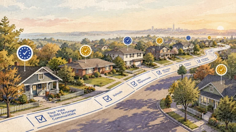 Illustration of suburban houses along a street marked as a ballot with checkboxes, under a sunset sky.