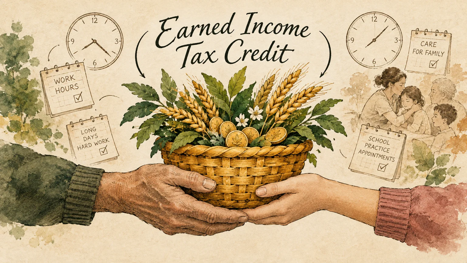 Illustration of two hands holding a basket of wheat and coins beneath the words Earned Income Tax Credit.