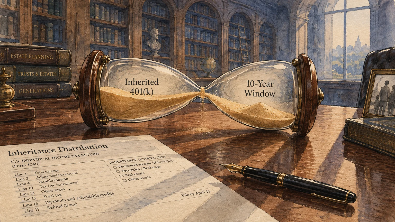 Horizontal hourglass labeled Inherited 401(k) and 10-Year Window on a desk with tax forms and a fountain pen in a library.