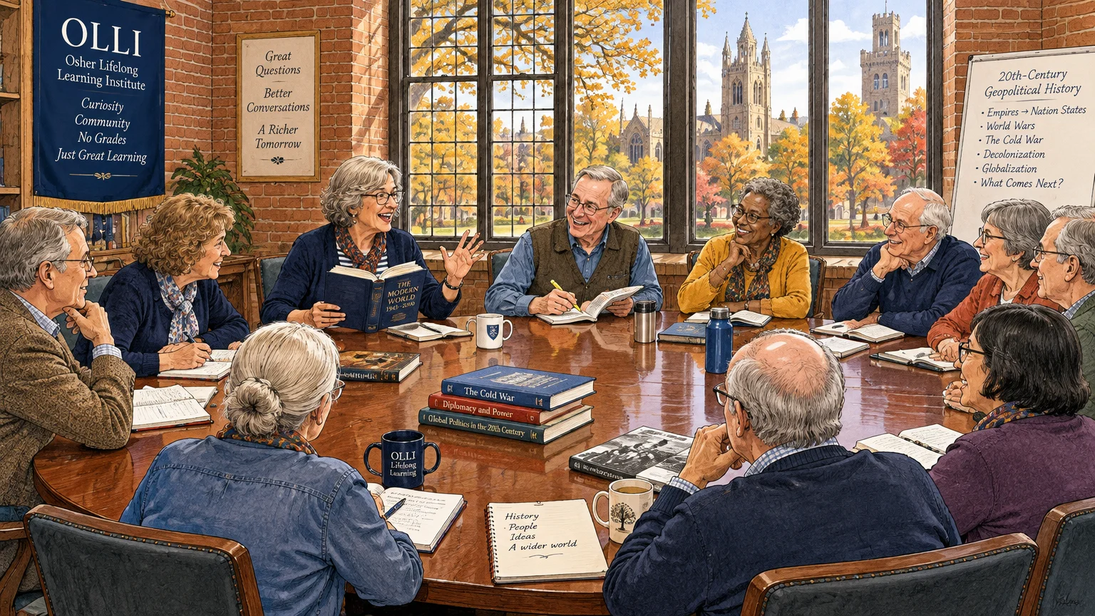 Older adults seated around a conference table in an OLLI classroom discussing history books in front of large windows.