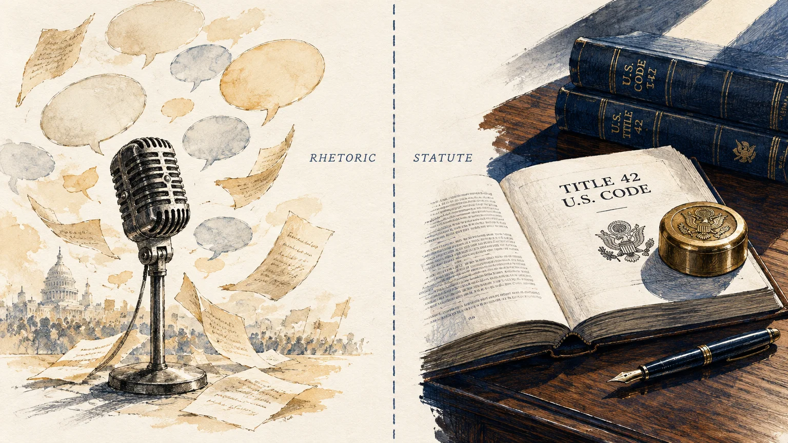 Split illustration contrasting a vintage microphone labeled rhetoric with an open law book labeled statute.