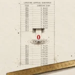 Illustration of an earnings chart with a red zero missing record, accompanied by a brass ruler and fountain pen.
