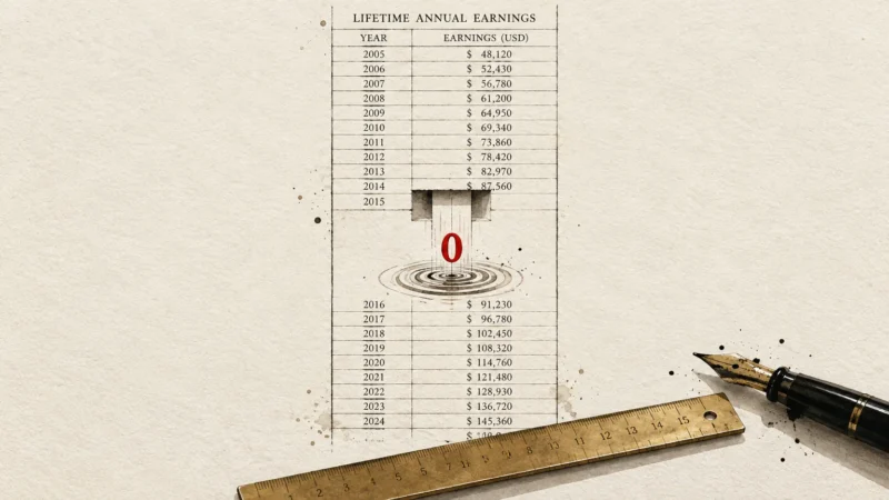 Illustration of an earnings chart with a red zero missing record, accompanied by a brass ruler and fountain pen.