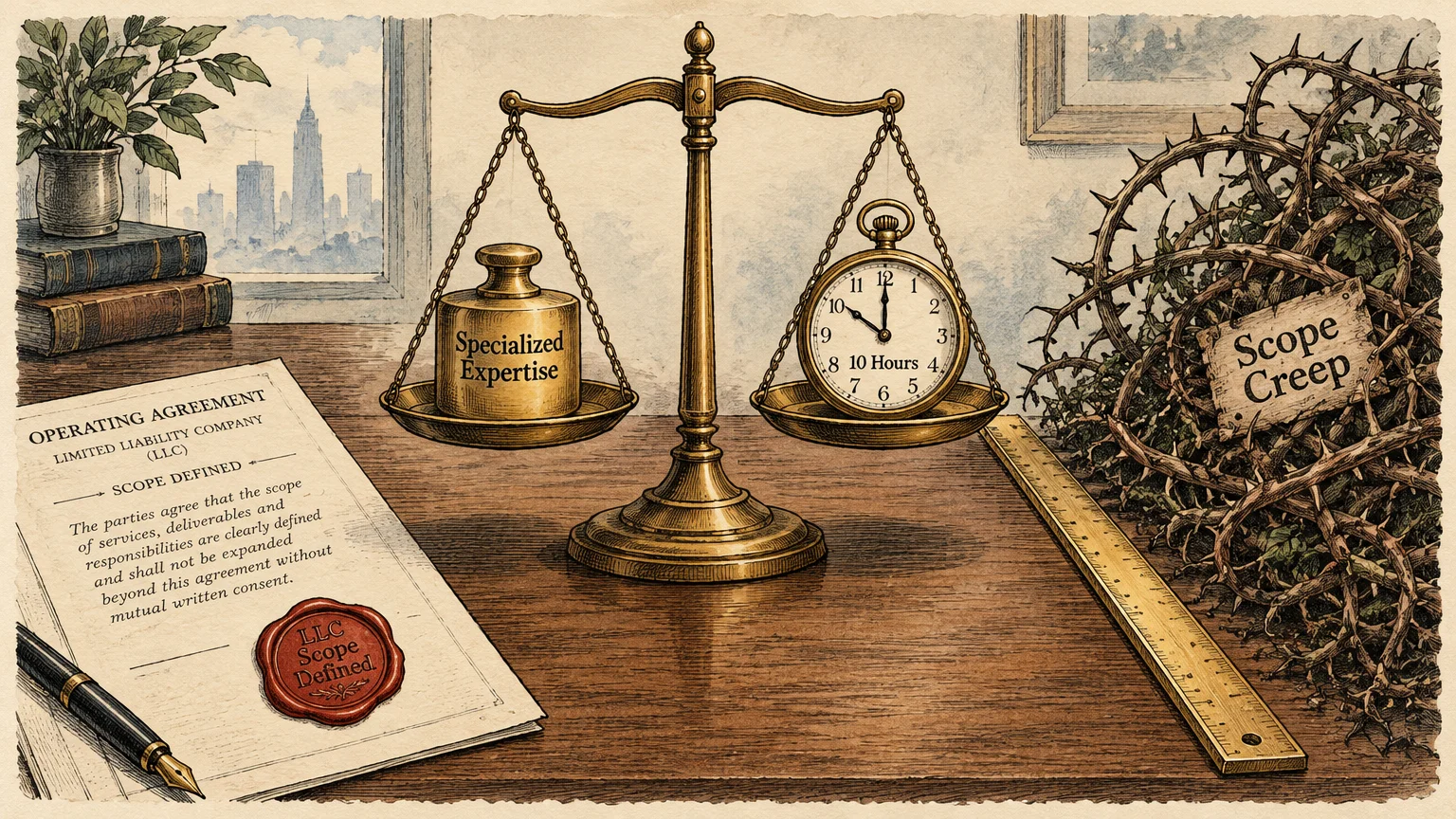 A balance scale holding a brass weight and a clock sits on a desk next to an LLC contract and a tangle of thorny vines.