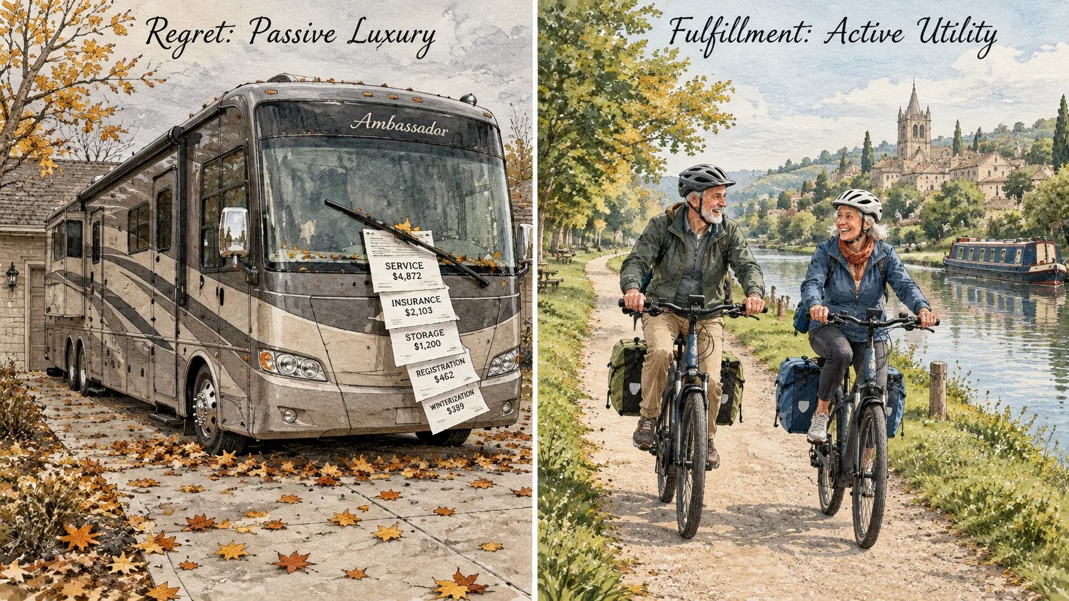 Split illustration contrasting an expensive parked RV covered in bills with a happy older couple riding bicycles outdoors.