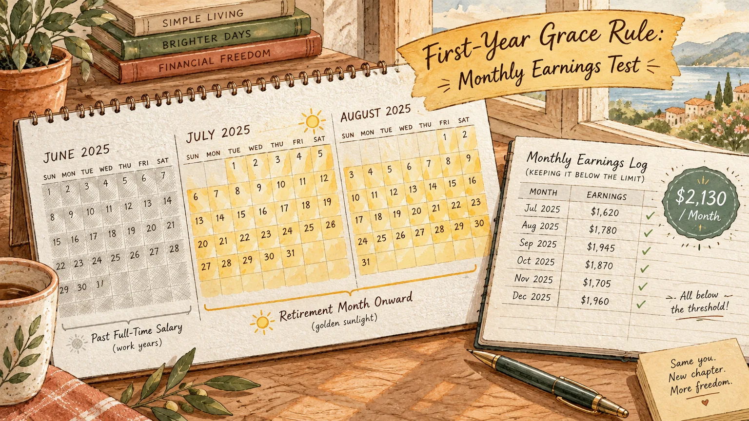 Desk calendar and notebook log showing monthly earnings below a $2,130 threshold by a sunny window.