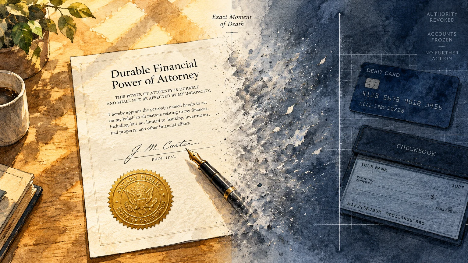 Illustration of a signed power of attorney document dissolving into blue watercolor beside a debit card and checkbook.