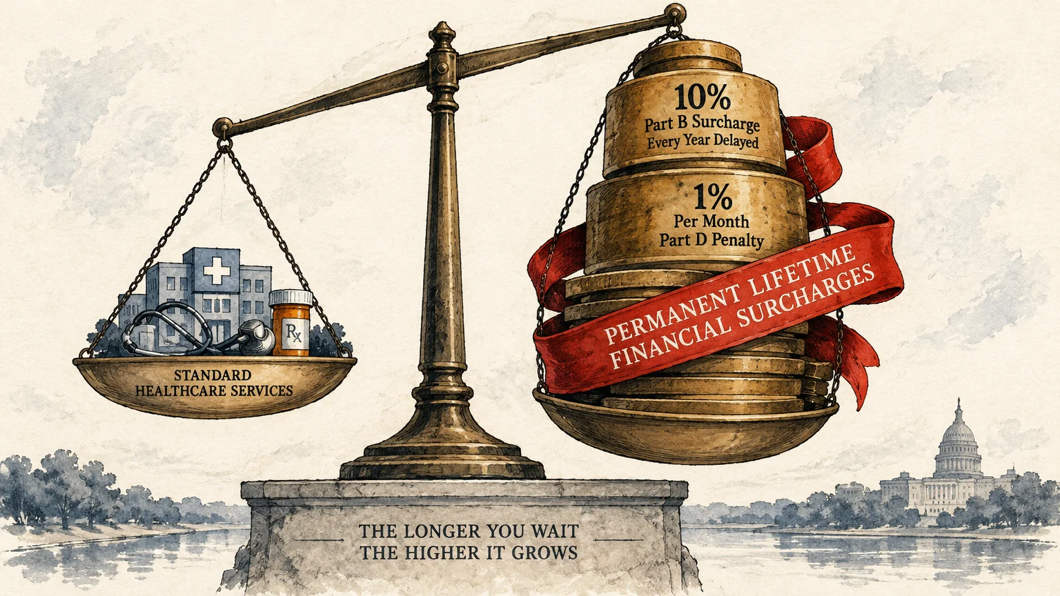 Illustration of scales balancing standard healthcare services against heavy weights labeled with Medicare late penalties.