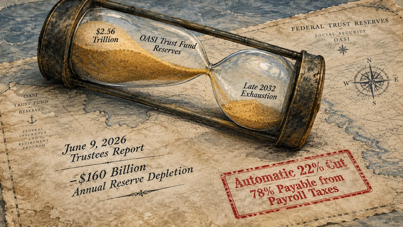 An hourglass lies on an aged map with graphics detailing Social Security OASI Trust Fund reserve depletion.