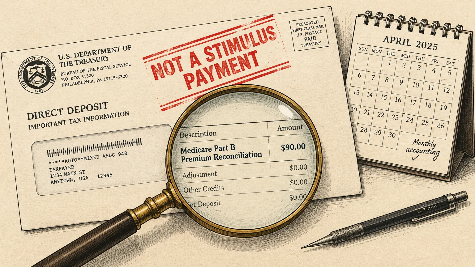Treasury mail stamped not a stimulus payment beside a calendar and magnifying glass focusing on a $90 Medicare Part B line.
