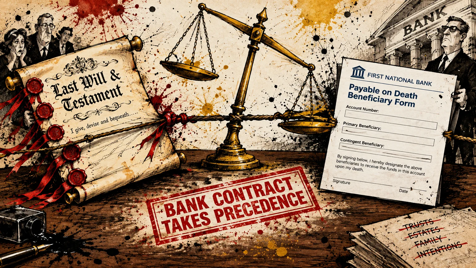 Scales of justice weighing a Last Will and Testament scroll against a payable on death bank beneficiary form.