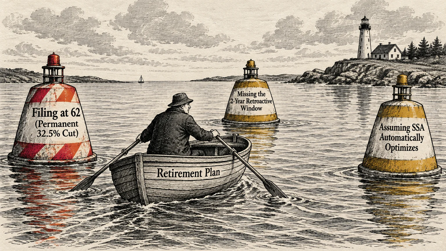 A man rows a boat labeled Retirement Plan past navigational buoys marking Social Security pitfalls near a lighthouse.