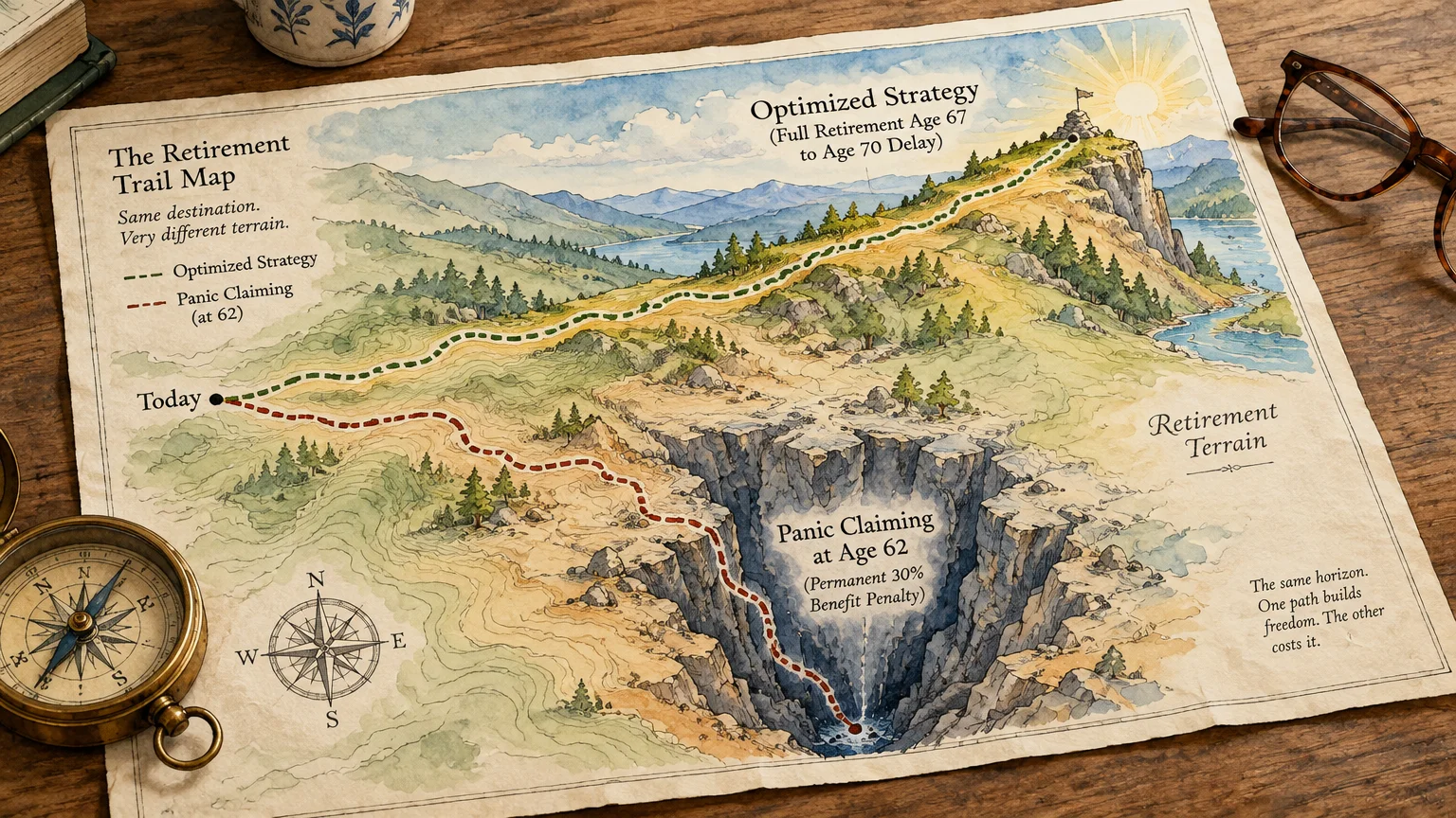 Illustrated trail map contrasting a path climbing a sunny peak with one plunging into a deep canyon.